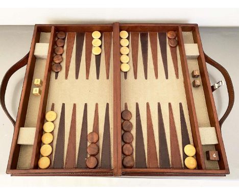 BACKGAMMON SET, in leathered case, complete with counters, 7cm x 23cm x 40cm. 