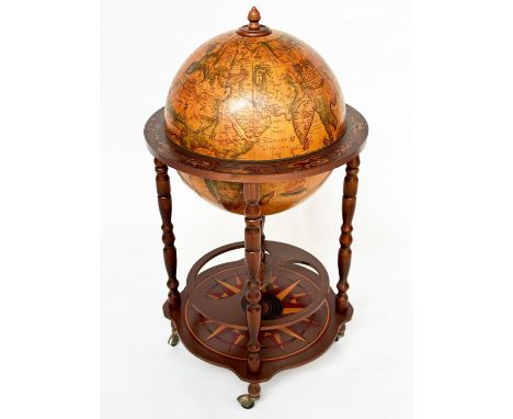 GLOBE COCKTAIL CABINET, in the form of an antique terrestrial globe on stand with rising lid and fitted interior, 90cm H. 