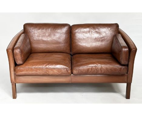 DANISH SOFA, 1970s two seater with grained natural soft tam brown leather upholstered, 150cm W. 