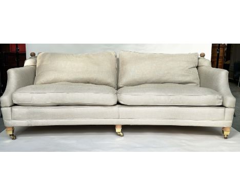 KNOLL SOFA BY DURESTA, grey linen upholstered with down swept arms, feather filled cushions and square tapering supports with