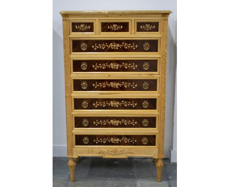 TALL COMMODE, Louis XVI style maple, rosewood and marquetry with Sienna marble top above nine drawers, 141cm H x 85cm x 50cm.
