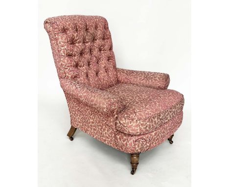 HOWARD STYLE ARMCHAIR, with button back, scroll arms, feather cushion and turned front supports upholstered in Colefax and Fo