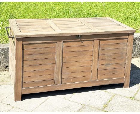 GARDEN STORAGE TRUNK, outdoor weathered teak with hinged lid and side handles, 85vm H x 138cm W x 70cm D. 