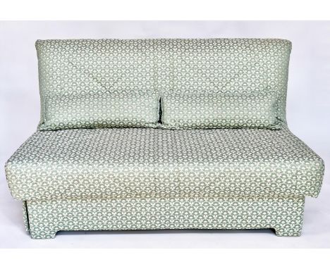 SOFA BED, geometric print upholstered with cushion, transferring to bed, 142cm W (180cm extended). 