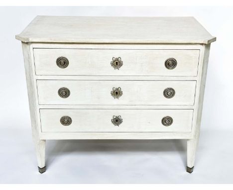 COMMODE, 19th century grey painted and silvered metal mounted with three long drawers, 107cm W x 57cm D x 85cm H. 