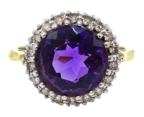 18ct gold amethyst and diamond cluster ring, hallmarked Condition Report Approx 4.3gm, size I- J, The head diameter = 12mm. A