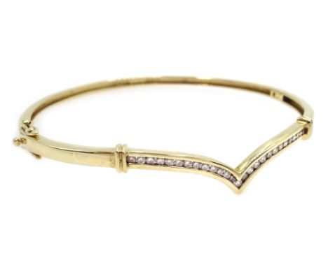 9ct gold diamond set wishbone hinged bangle, stamped 375 Condition Report Approx 9.5gm