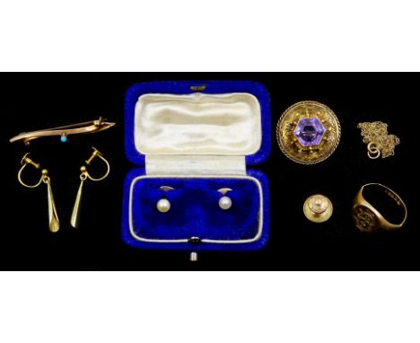 Victorian 15ct gold (tested) amethyst shield brooch, gold turquoise set brooch, necklace, pair of earrings and signet ring, a