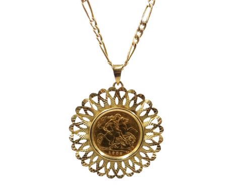 1982 gold half sovereign, loose mounted in gold pierced pendant on gold figaro chain, both hallmarked 9ct Condition Report Ap