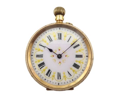 Continental gold ladies top wind enamel pocket watch, stamped 14c Condition Report Approx 34.1gm, inner dust cover not marked