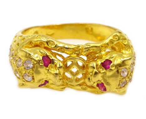 22ct gold diamond and ruby double tiger ring stamped 916 Condition Report size Q9gmClick here for further images, condition, 