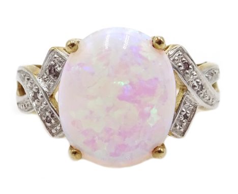 9ct gold opal ring, with diamond crossover shoulders, hallmarked Condition Report Approx 3.4gm, size K