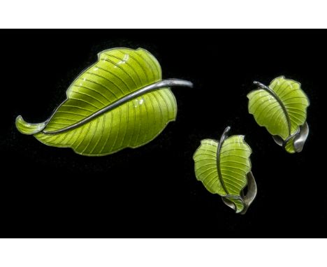 Danish silver and green enamel leaf design brooch and matching earrings by Volmer Bahner &amp; Co, stamped VB Sterling Denmar