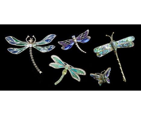 Silver plique-a-jour and marcastise dragonfly brooch, similar silver plique-a-jour and enamel brooch, both stamped 925 and th