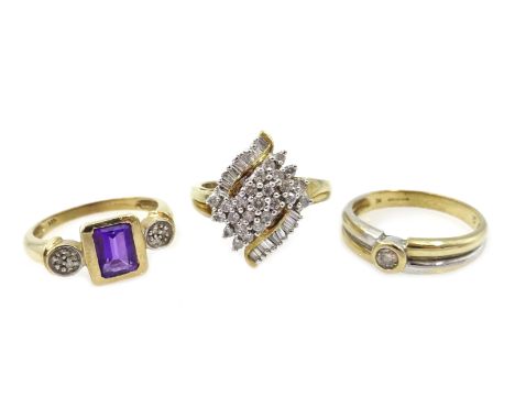 Gold baguette and round brilliant cut diamond swirl ring, white and yellow gold single stone diamond ring and amethyst and di