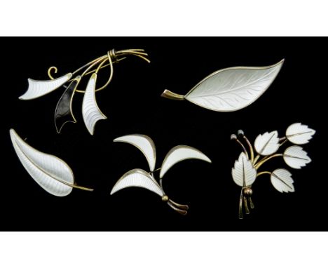 Collection of Danish silver and enamel jewellery including leaf brooch by Volmer Bahner, similar brooch by Brdr Bjorklund, tw