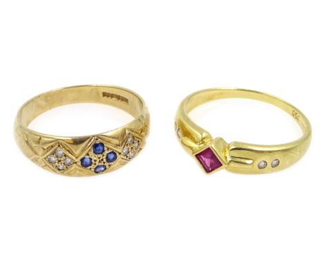 18ct gold ruby and diamond ring, stamped 750 and 9ct gold saphire and diamond ring, hallmarked Condition Report ruby and diam