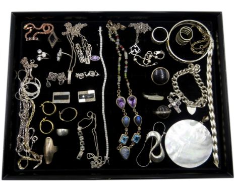 Collection of silver, stone set silver rings, brooches, pendants, cufflinks and earrings, including Giorgio Armani rings and 