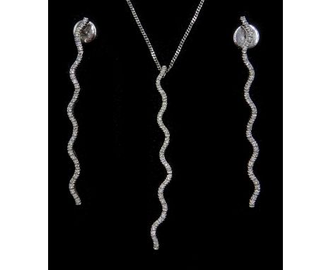 18ct white gold diamond wave design pendant necklace with matching earrings hallmarked  Condition Report Approx 7.4gm gross, 