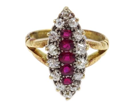 Victorian marquise shaped old cut diamond and ruby ring, stamped 18ct Condition Report Approx 4.4gm, size N, head size = 20mm