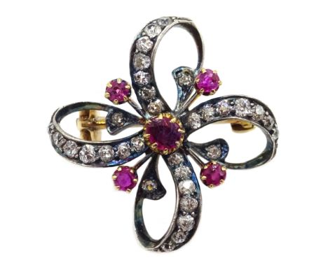 Gold and silver diamond and ruby set ribbon brooch Condition Report Diameter = 25mm