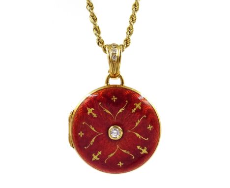 Victor Mayer for Faberge 18ct gold guilloche red enamel and diamond circular locket pendant, limited edition number 38/200, s