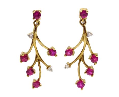 Pair of gold ruby and diamond branch design earrings, stamped 9K Condition Report Approx 2.2gm, length = 25mm