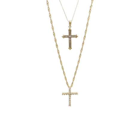 Gold cross pendant stamped 10K, on gold chain stamped 14K and one other, the cross hallmarked 9ct, chain stamped 10K Conditio