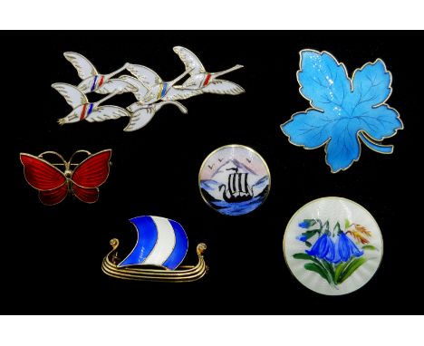 Scandinavian silver and enamel brooches including Danish geese brooch by Erik Magnussen, leaf design brooch by Meka, butterfl