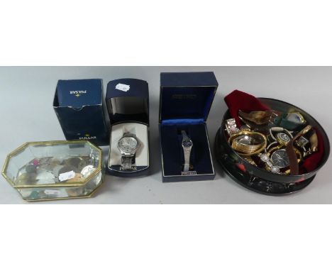 A Tray Containing Various Vintage Gents and Ladies Wrist Watches, Coins etc 