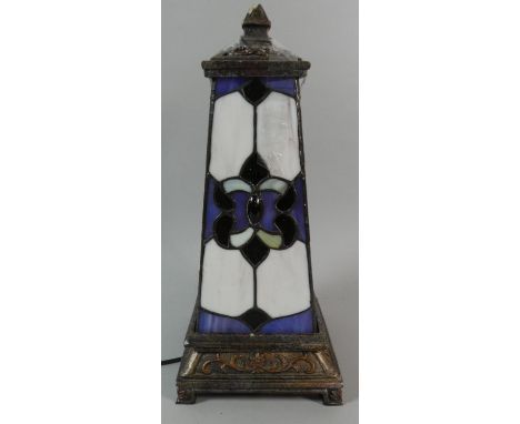 A Modern Reproduction Table Lamp of Square Tapering Form with Tiffany Style Shade, Finial AF, 35cm High 