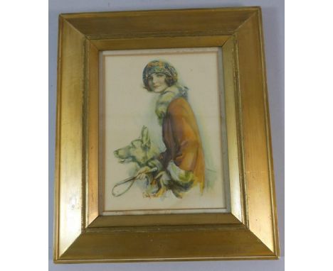 A Gilt Framed Print of a 1920's Maiden with Alsation, 21cm High 