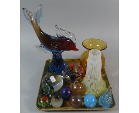 A Small Collection of Coloured Glass to Include Paperweights, Vases, Lamp Shade etc 