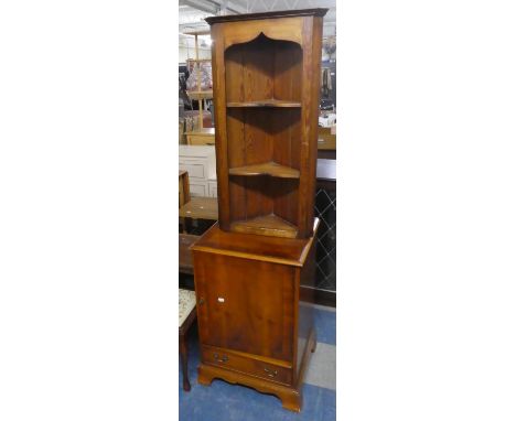 A Yew Wood Music Cabinet, Pine Shelved Corner Cabinet, Tapestry Topped Stool and an Occasional Table 