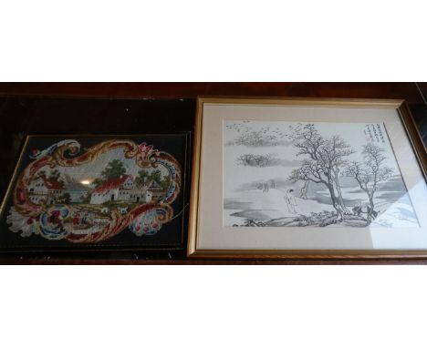 A Framed Oriental Print, Winter Scene and a Tapestry 