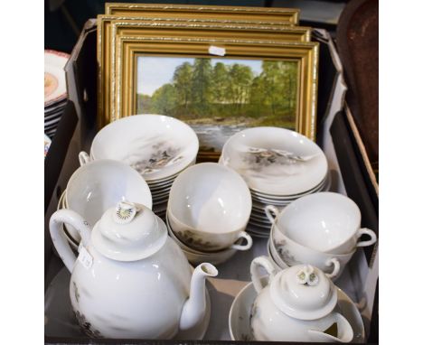 An Oriental Eggshell China Tea Set and Collection of Four Framed Oils on Board 