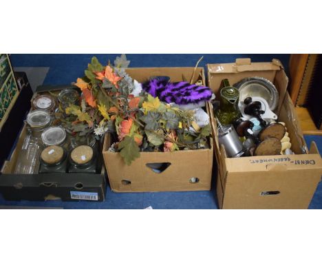 Three Boxes Containing Artificial Flowers, Floradora and Poole Tea and Coffee Wares, Glass Storage Jars etc 