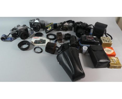 A Box Containing Vintage Cameras and Photographic Equipment, Telescopic Lens and Other Accessories etc 