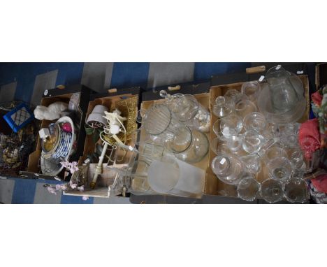 Four Boxes of Glassware, Ceramics, Table Lamp, Wall Shelf 