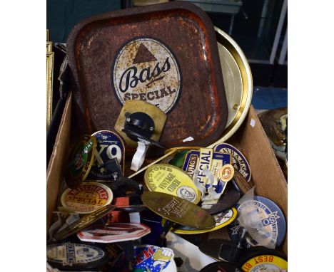A Collection of Vintage Beer Pump Handle Labels and Two Advertising Trays 