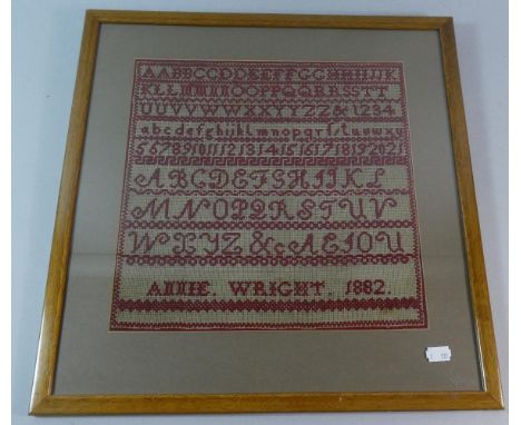 A Framed Sampler by Anne Wright, 1882, 32cm Wide 
