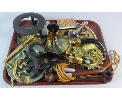 A Tray of Curios to Include Magnifying Glass, Vintage Pipe, Brass Ornaments, Harrods Golfing Tees, Candle Stick, Brass Mask e