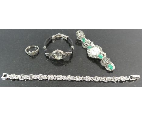 A Collection of Silver and Marcasite Items to Include Two Watches, Bracelet and Ring 