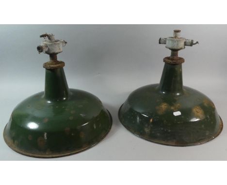 A Pair of REVO 1940's Green Enamel Industrial Pendant Light Shades 