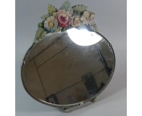 A Vintage Oval Easel Back Mirror with Painted Floral Garland Decoration, 30cm Wide 