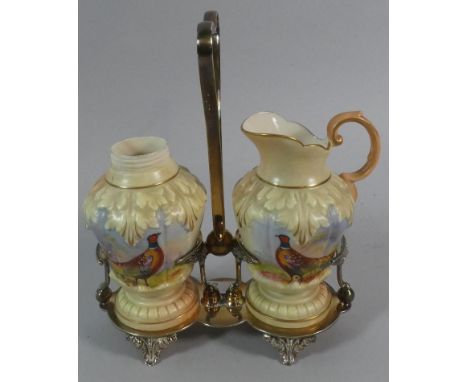 A Locke and Co. Two Part Ceramic Cruet in Silver Plated Stand, Hand Painted with Pheasants, Sugar Sifter Missing Lid, 20cm hi