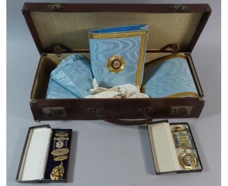 A Vintage Leather Case Containing Masonic Ephemera to Include Cuffs, Jewels, Gloves, Sash etc 