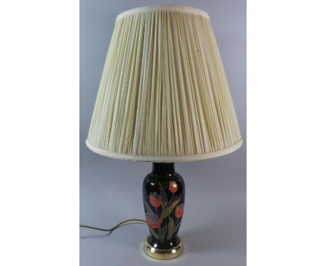 A Floral Decorated Enamelled Brass Table Lamp and Shade 