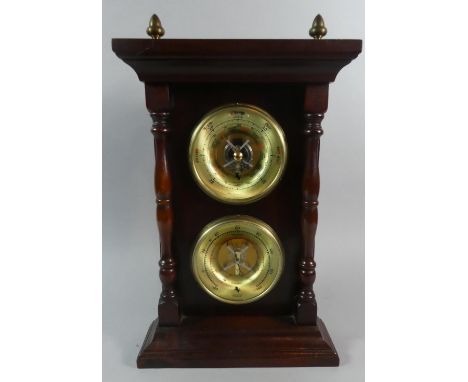 A Late 20th Century Mahogany Weather Station with Aneroid Barometer and Thermometer, Turned Pilasters and Brass Acorn Finals,