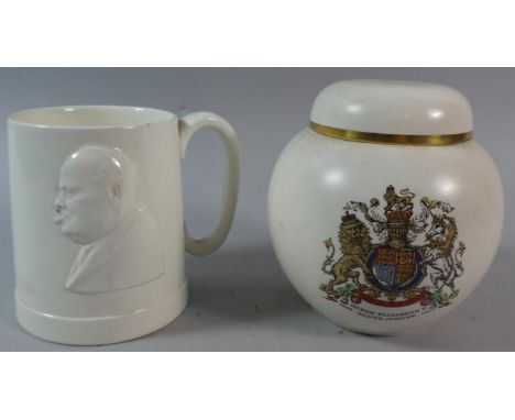 A Wedgwood of Etruria Creamware Tankard Decorated in Relief with Side Portrait of Churchill Together with a Carlton Ware Silv